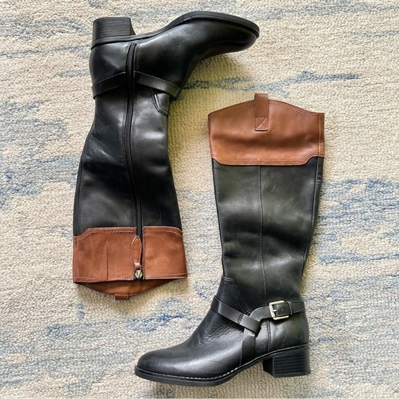 FRANCO SARTO BLACK BROWN TALL LEATHER BUCKLE RIDING BOOTS SIZE 7 LIKE NEW - Picture 7 of 8